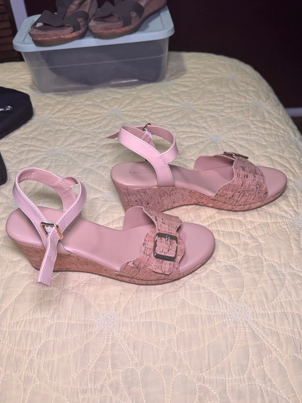 BCBGeneration Beige/Nude Cork-Accent Ankle Strap Wedges